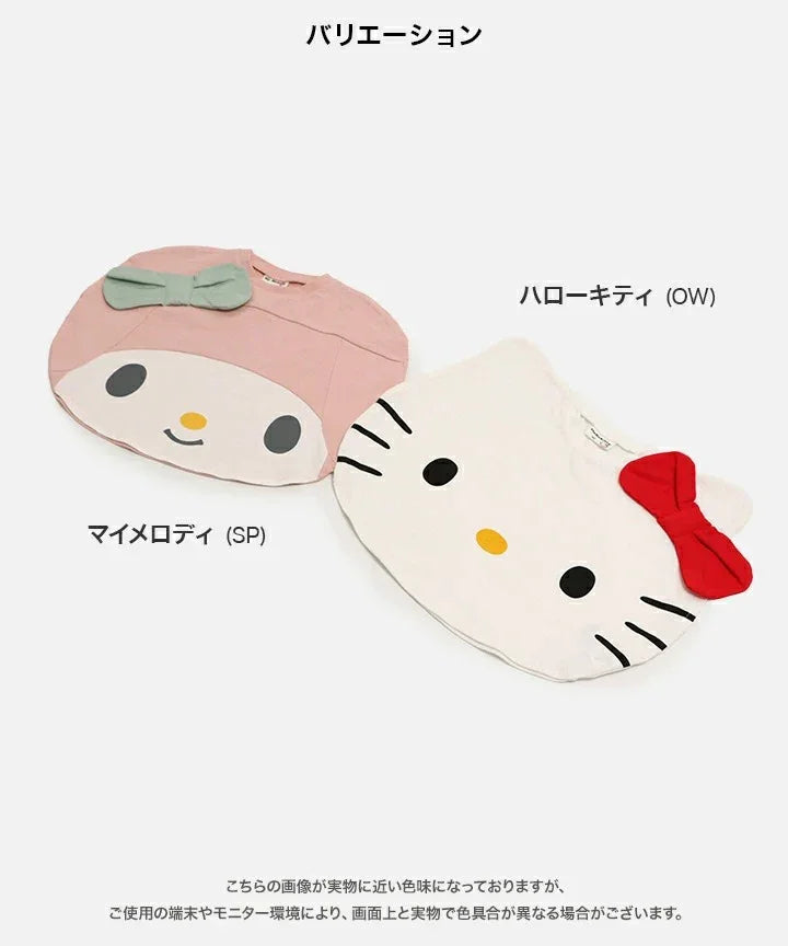 粉紅色女童 T 恤,印有立體緞帶設計的 Kitty 與 My Melody 角色圖案。