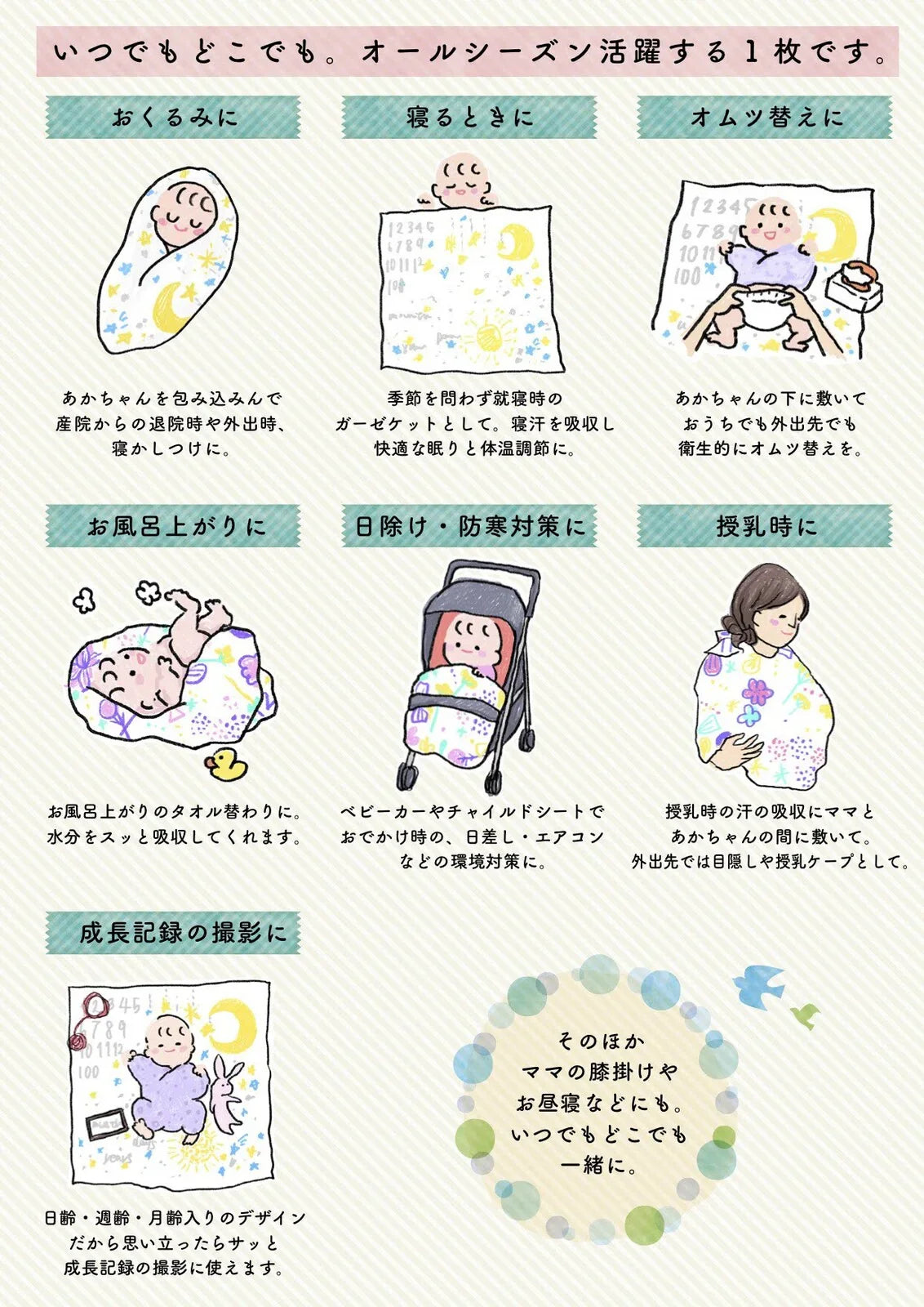 100 x 90 cm 大尺寸多功能紗布襁褓。