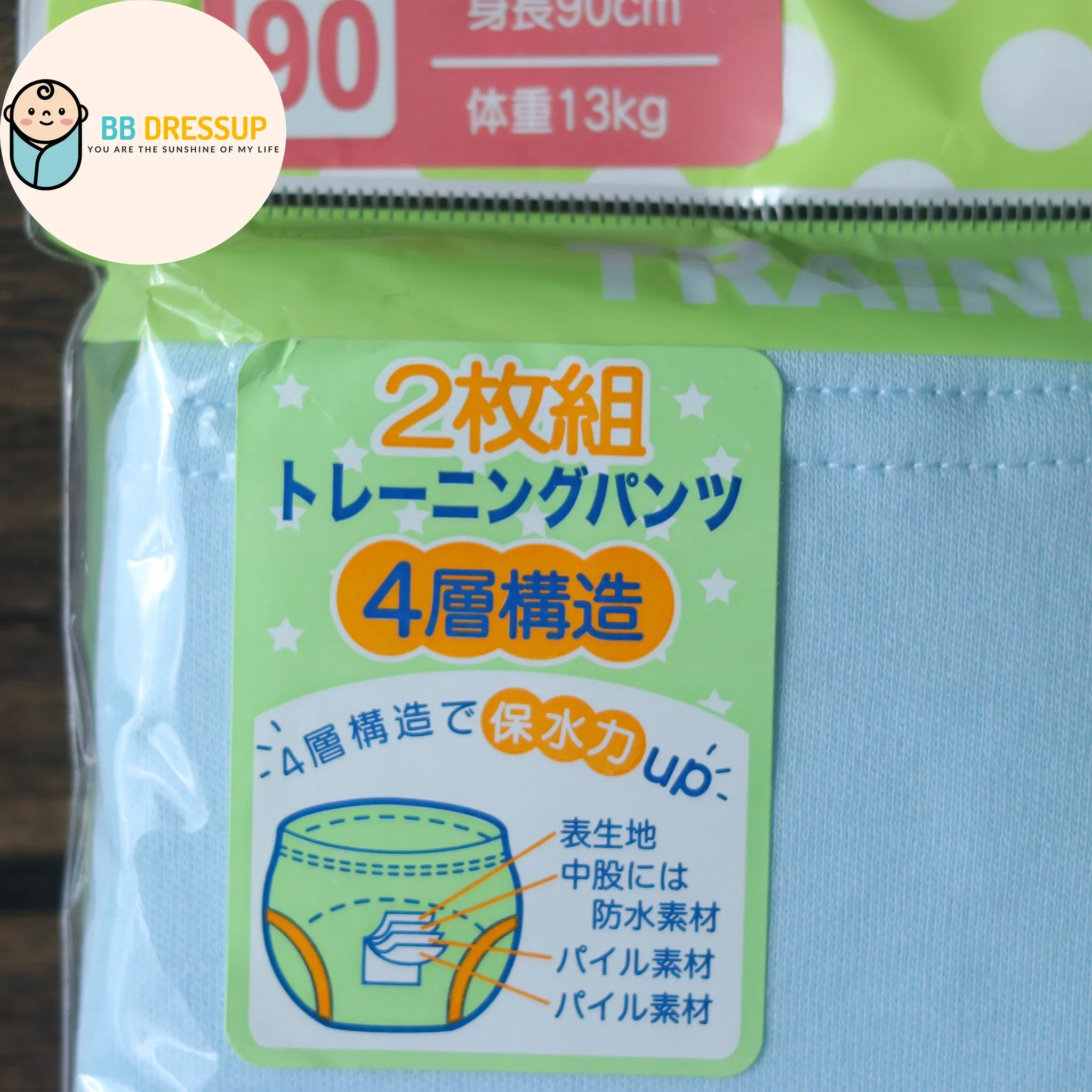 採用四層紗 (4-Layer Gauze) 工藝設計之粉藍色學習褲。