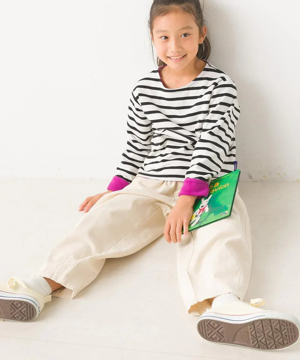 [現貨] 日本直送 OMNES 女童裝黑白橫間抓絨內裡長袖上衣 (100cm) - BB Dressup