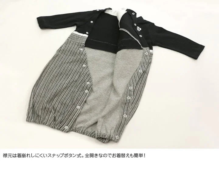 [現貨] 日本直送 Chil2 初生嬰兒黑麻葉和服造型連身衣/BB衫 (50-70cm) - BB Dressup