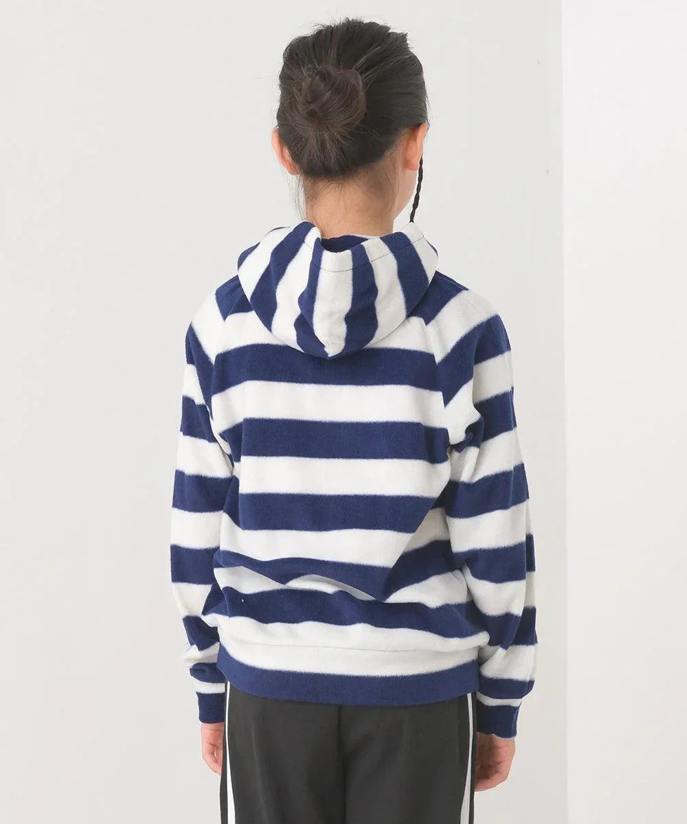 [現貨] 日本直送 OMNES 女童裝藍白橫間抓絨帶帽衛衣 (100-130cm) - BB Dressup