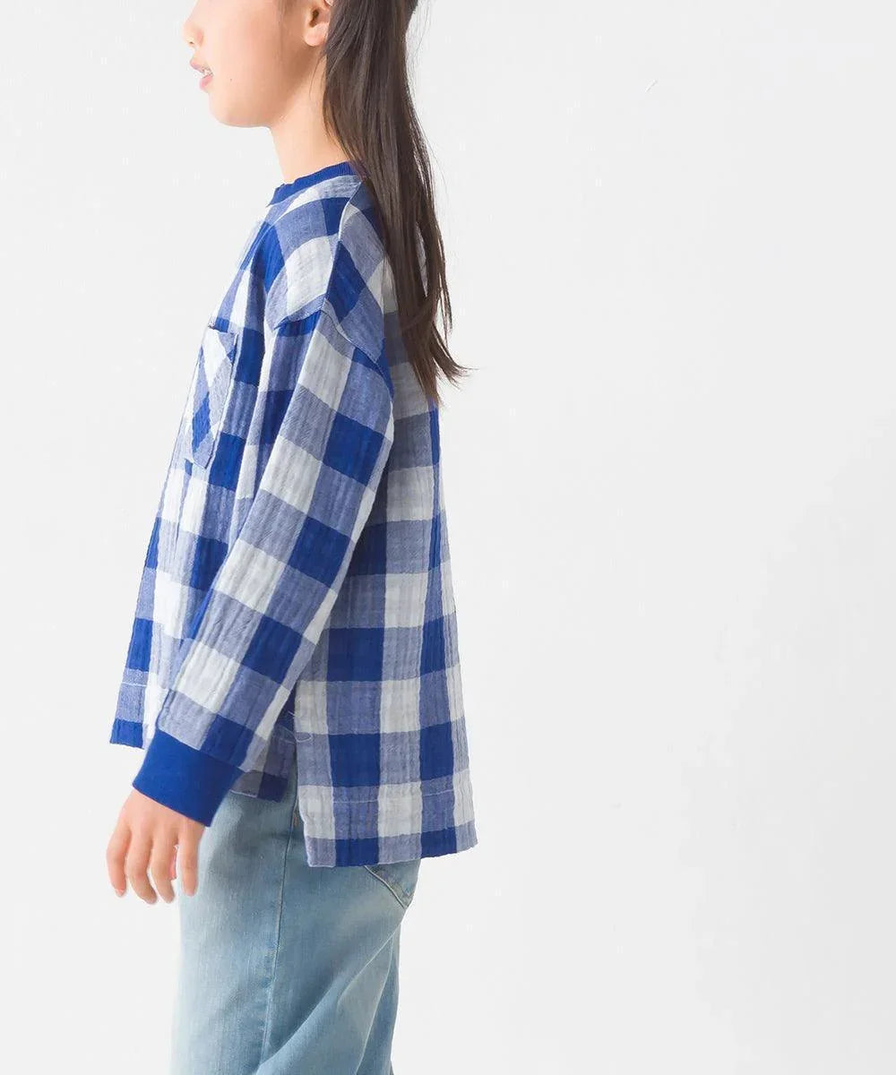 [現貨] 日本直送 OMNES 童裝藍白格仔雙層紗布長袖上衣 (100-130cm) - BB Dressup