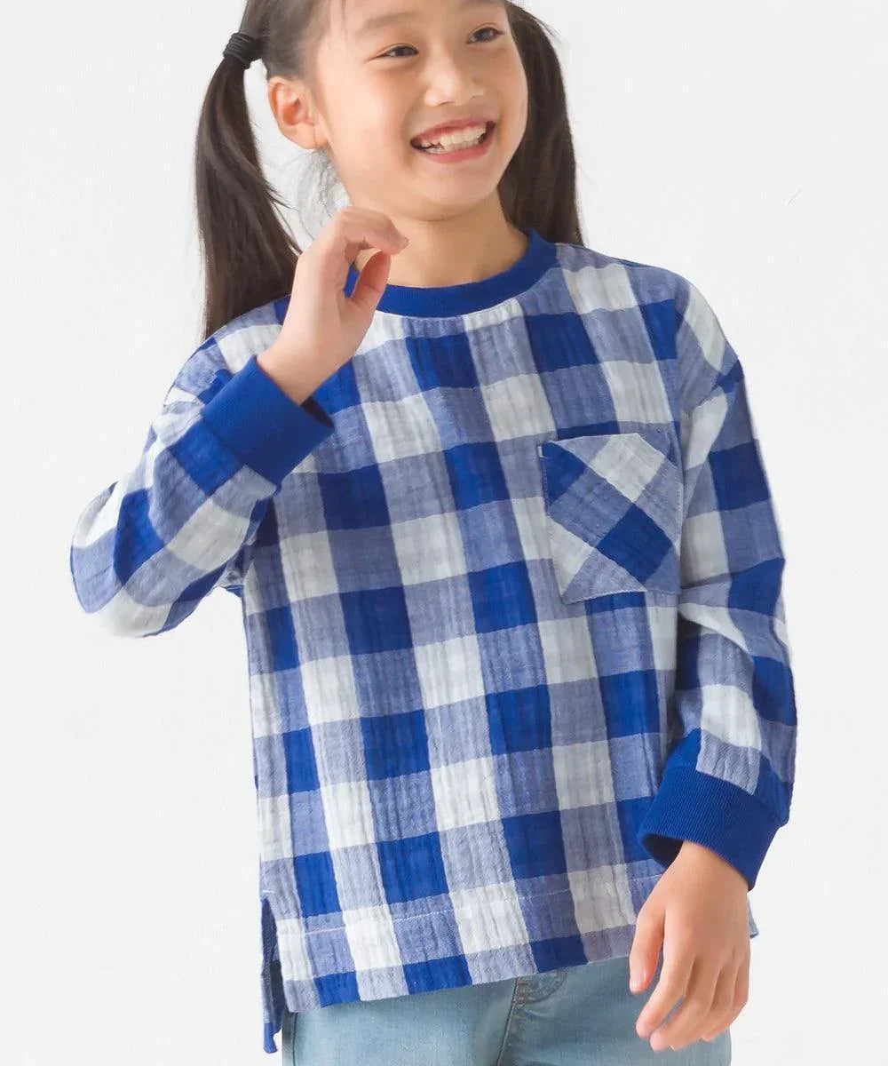[現貨] 日本直送 OMNES 童裝藍白格仔雙層紗布長袖上衣 (100-130cm) - BB Dressup