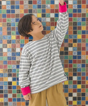 [現貨] 日本直送 OMNES 女童裝灰白橫間抓絨內裡長袖上衣 (100-130cm) - BB Dressup