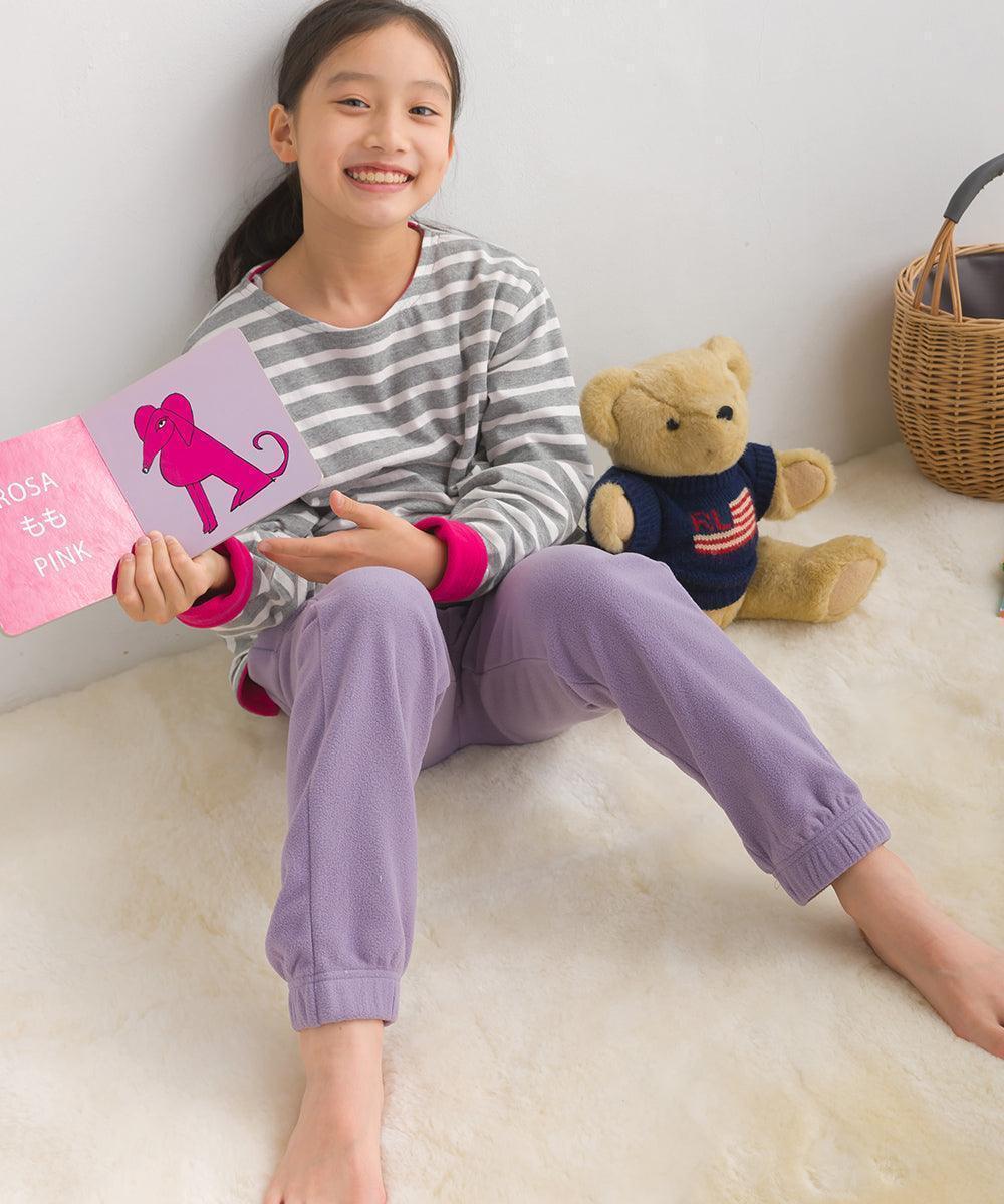 [現貨] 日本直送 OMNES 女童裝灰白橫間抓絨內裡長袖上衣 (100-130cm) - BB Dressup