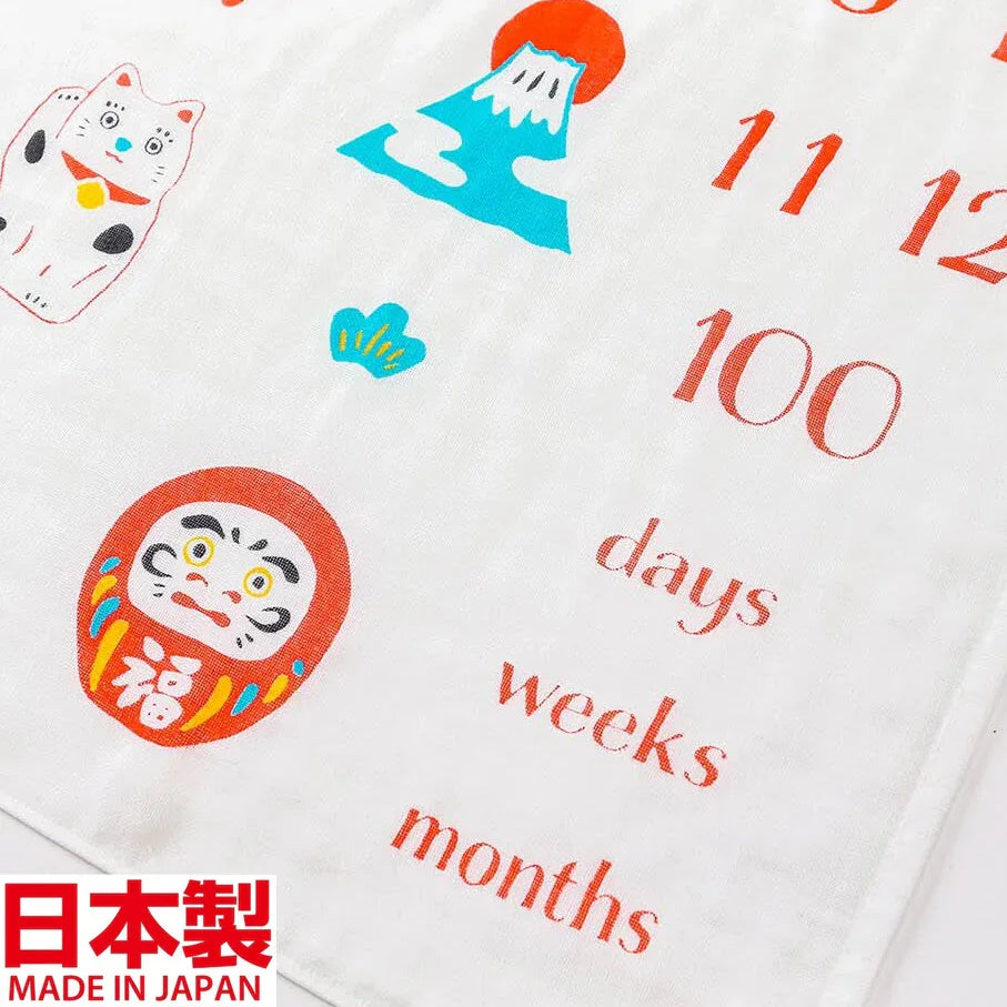 帶有「日、週、月」數字設計之月齡布，適合成長紀錄拍照。