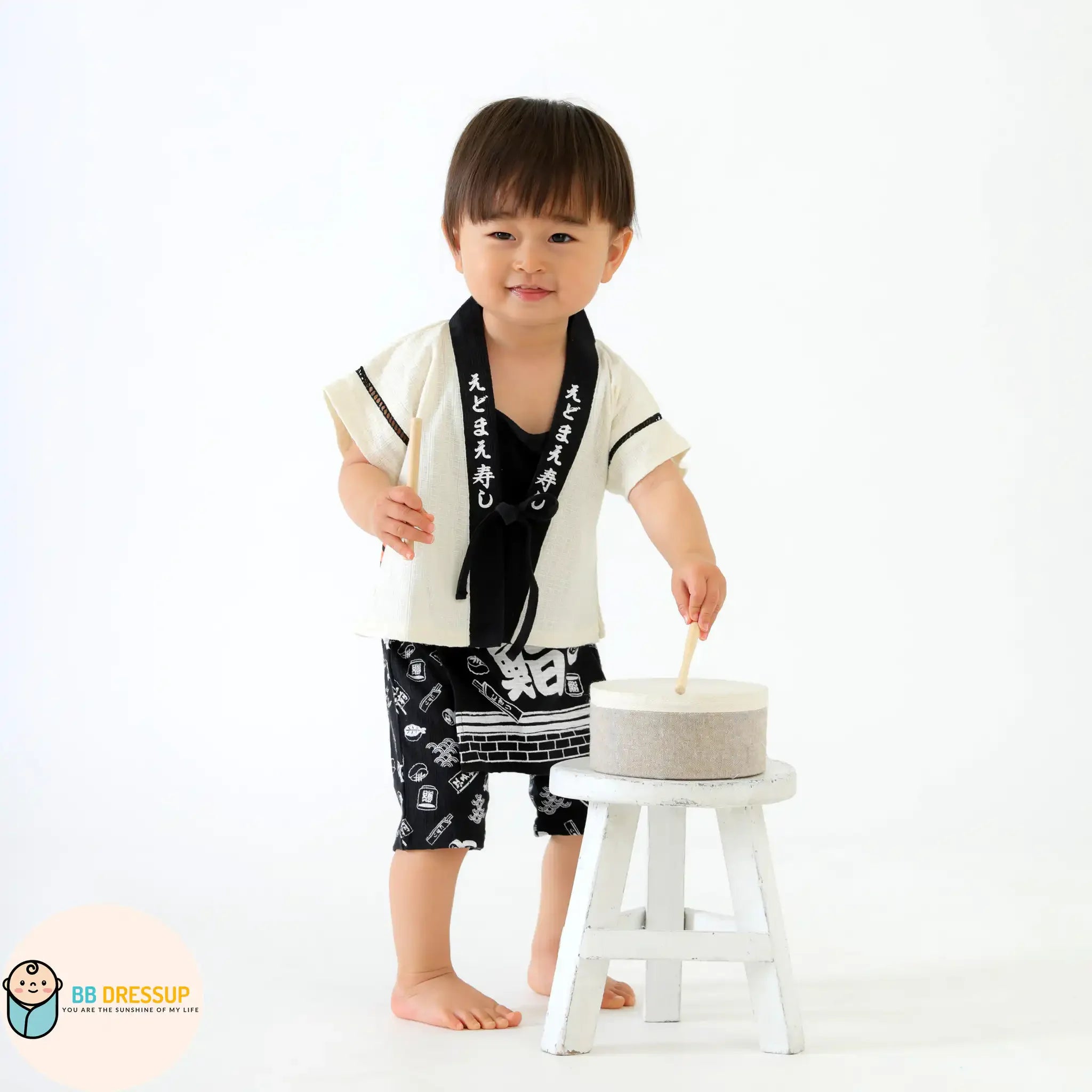 [現貨] 日本直送 Aenak 嬰兒黑色鮨造型和服浴衣BB衫套裝 (80-95cm) - BB Dressup