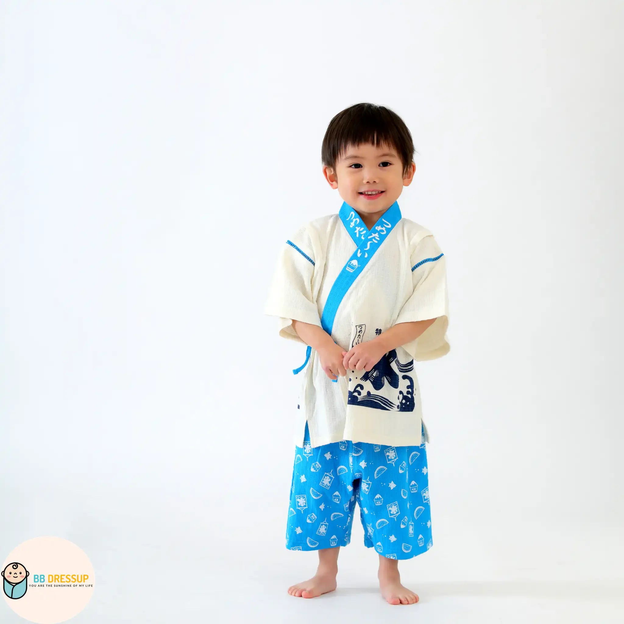 [現貨] 日本直送 Aenak 童裝粉藍色冰紋和服浴衣BB衫套裝 (100-120cm) - BB Dressup