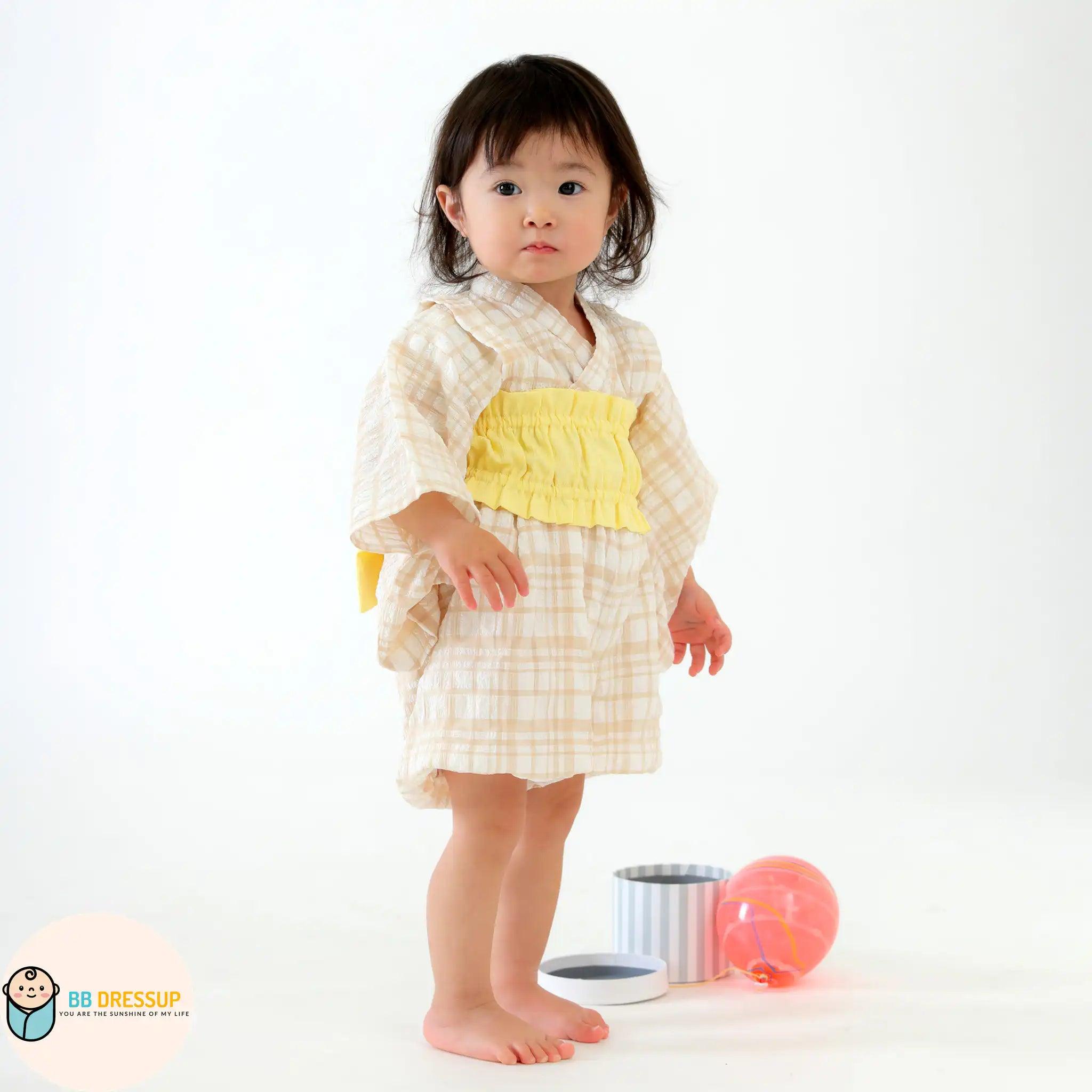[現貨] 日本直送 Aenak 男女童米色格紋和服浴衣連腰帶BB衫套裝 (80-110cm) - BB Dressup
