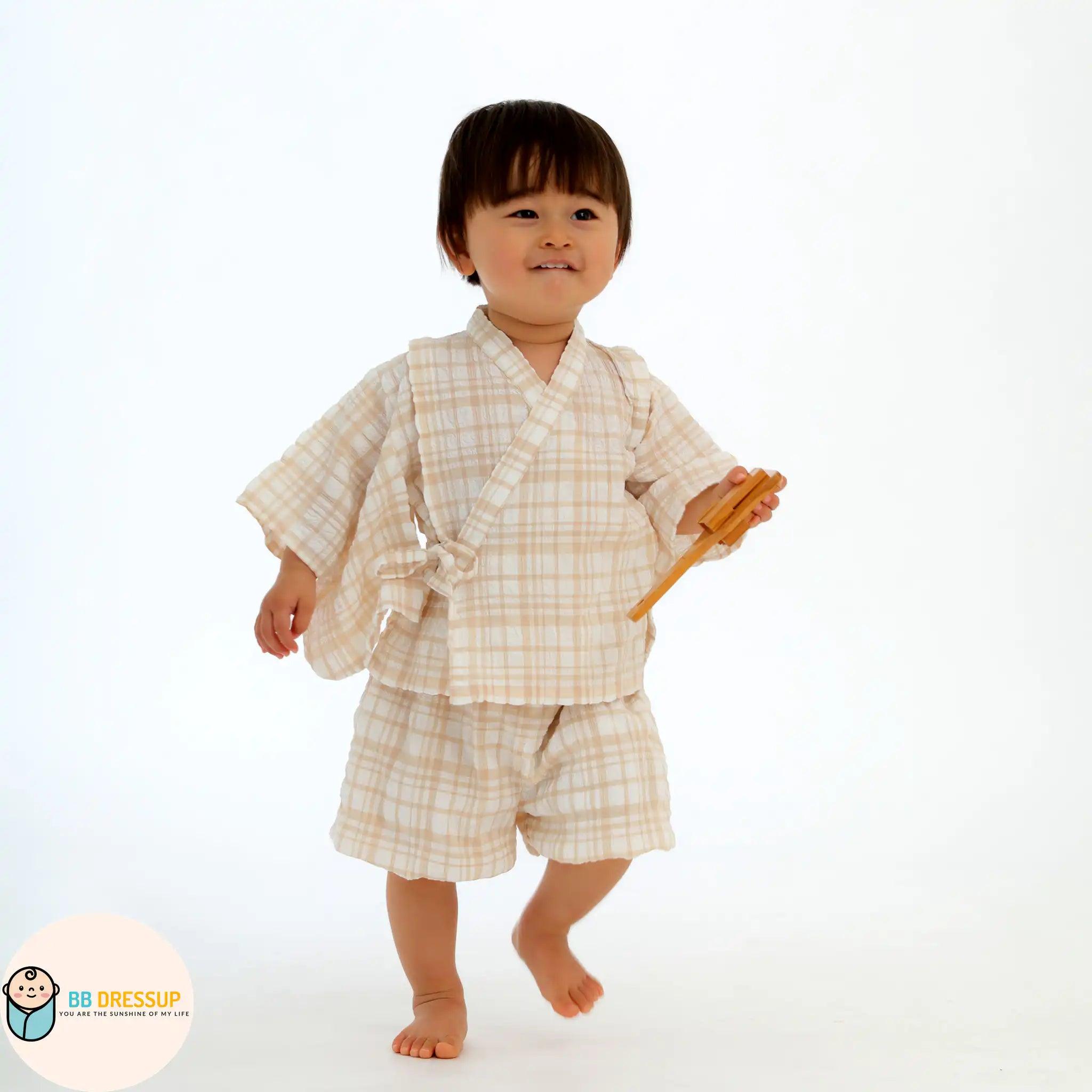 [現貨] 日本直送 Aenak 男女童米色格紋和服浴衣連腰帶BB衫套裝 (80-110cm) - BB Dressup