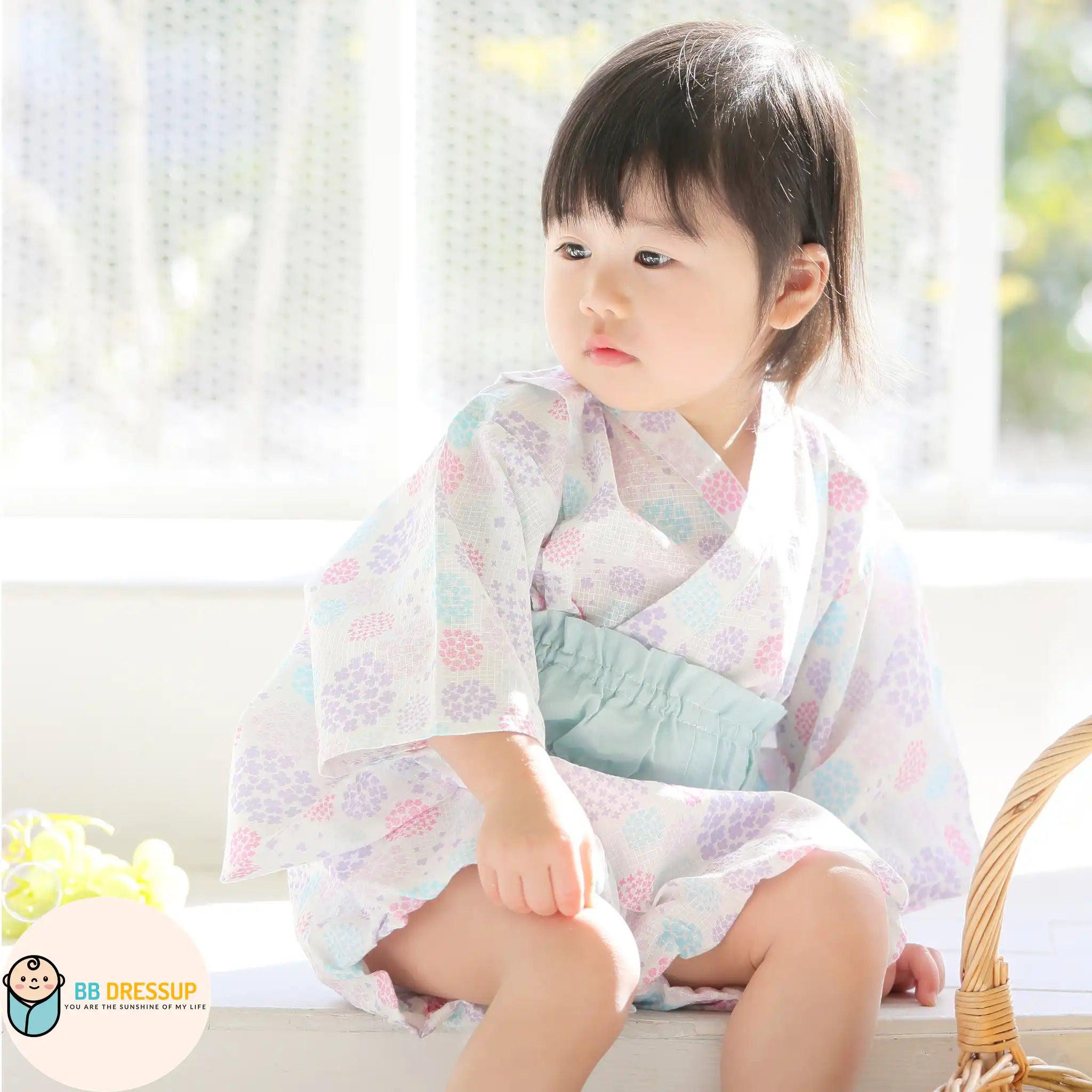 [現貨] 日本直送 Aenak 嬰兒粉紫色繡花球日本和服浴衣連腰帶套裝 - BB Dressup