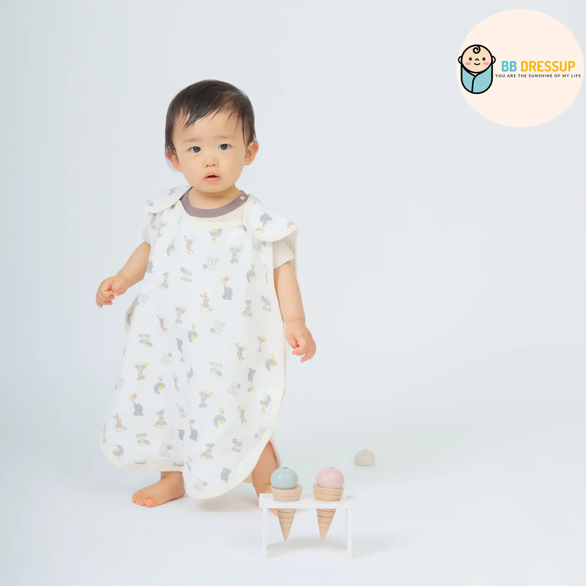 [現貨] 日本直送 Aenak 四層棉紗白色動物初生嬰兒背心防踢睡袋 - BB Dressup