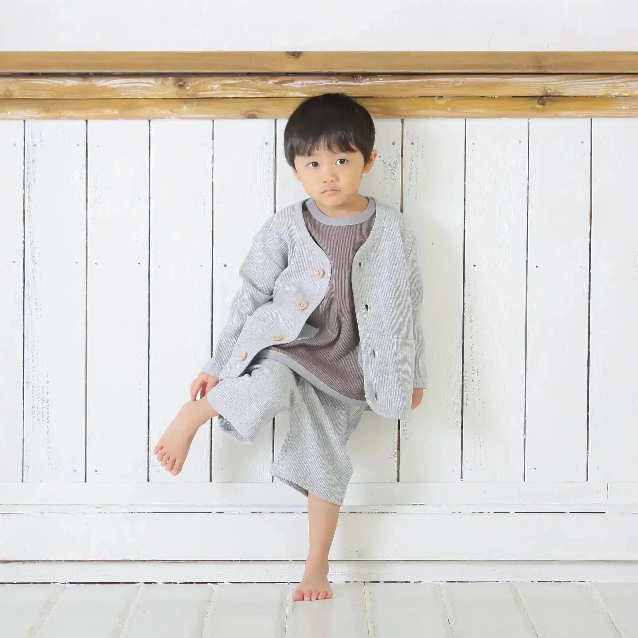 [現貨] 日本直送 Aenak 童裝淺灰威化格仔紋 長袖外套 - BB Dressup