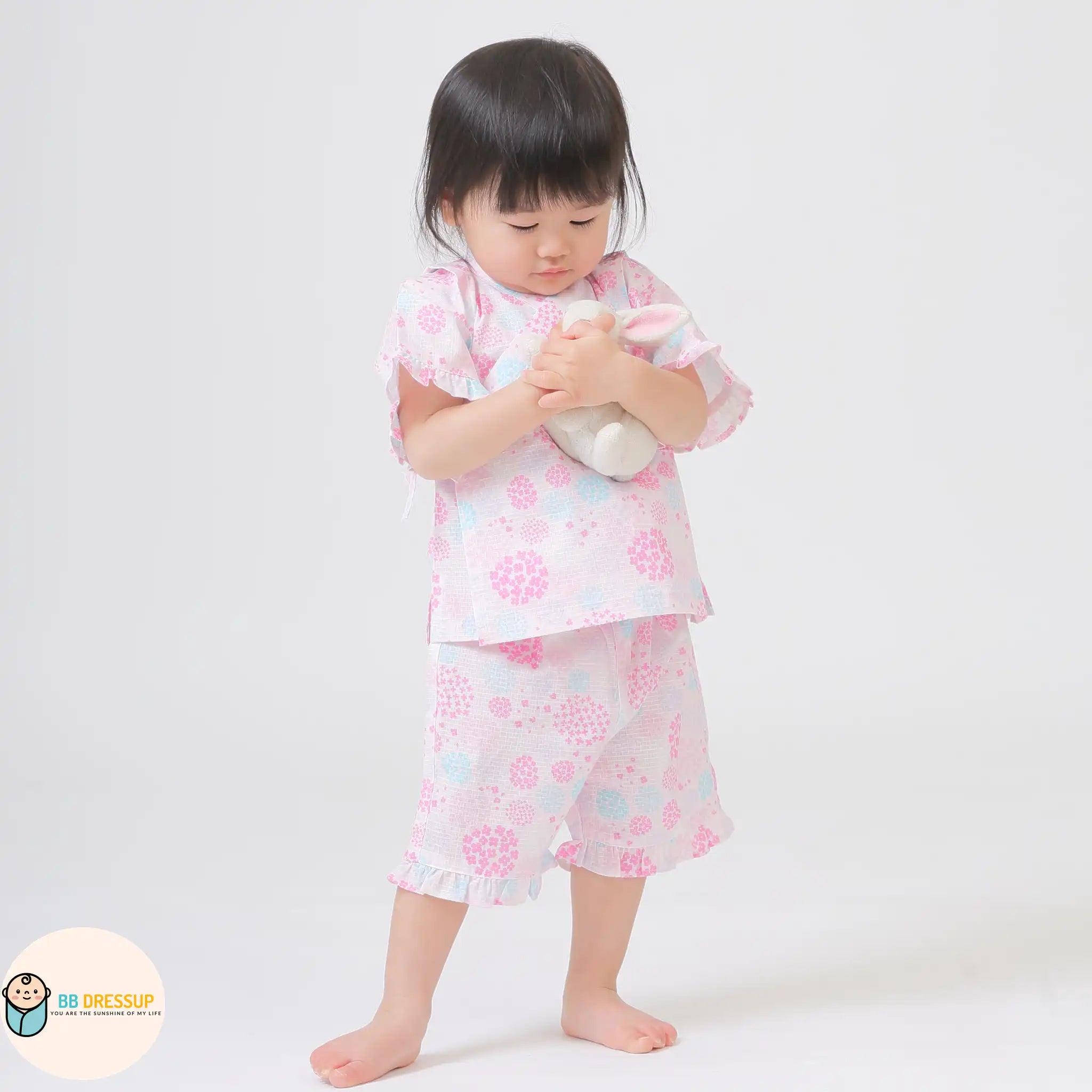 [現貨] 日本直送 Aenak 嬰兒粉紅色繡花球日本和服浴衣套裝 - BB Dressup