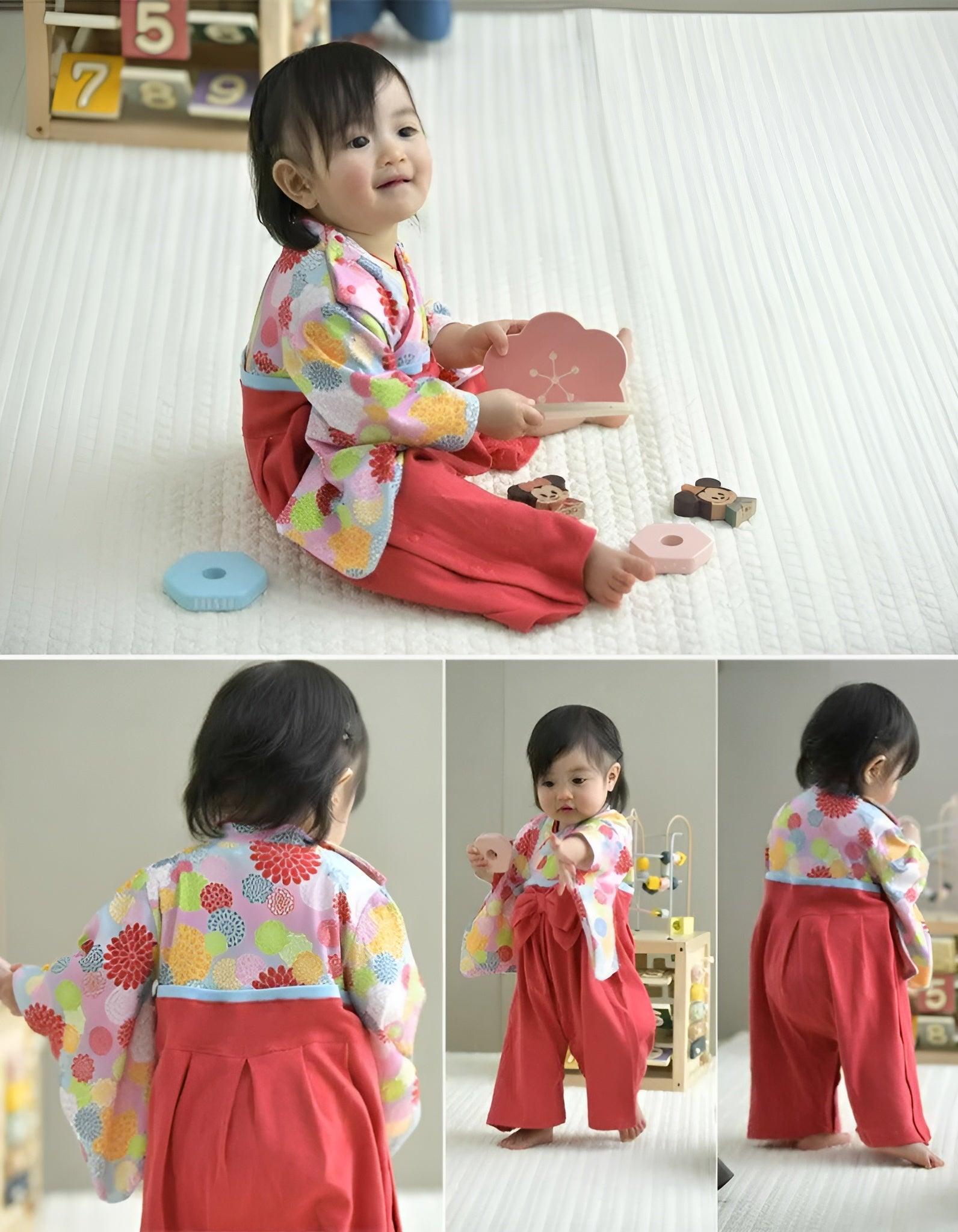 [現貨] 日本直送 Aenak 女童裝 紅色菊花 日本和服連身衣 (60-90cm) - BB Dressup