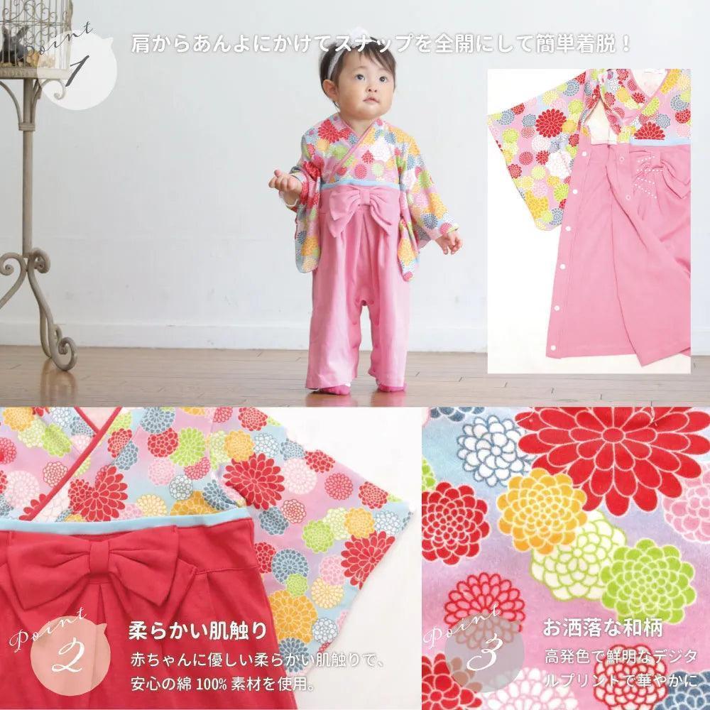[現貨] 日本直送 Aenak 女童裝 紅色菊花 日本和服連身衣 (60-90cm) - BB Dressup