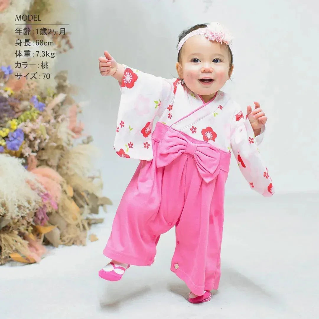 [現貨] 日本直送 Aenak 女童裝 粉紅色梅花 日本和服連身衣 (70-90cm) - BB Dressup