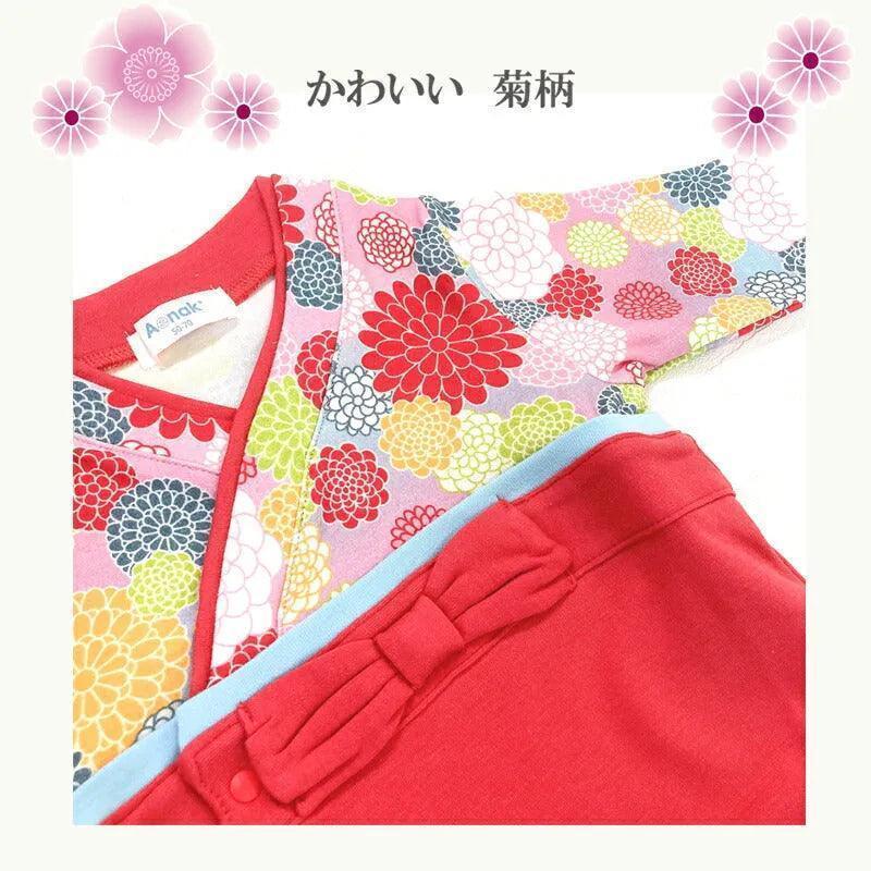 [現貨] 日本直送 Aenak 紅色菊花圖案 日本和服嬰兒連身衣 (50~70cm) - BB Dressup