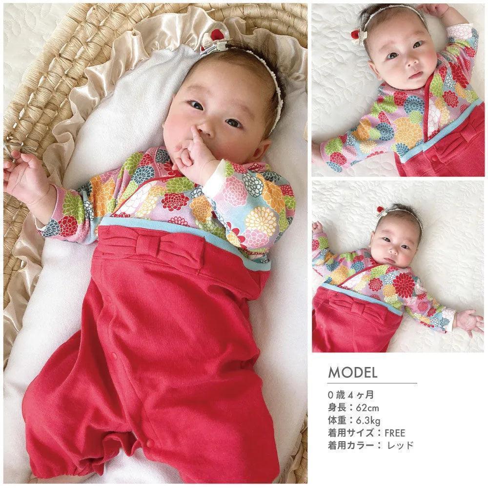 [現貨] 日本直送 Aenak 紅色菊花圖案 日本和服嬰兒連身衣 (50~70cm) - BB Dressup