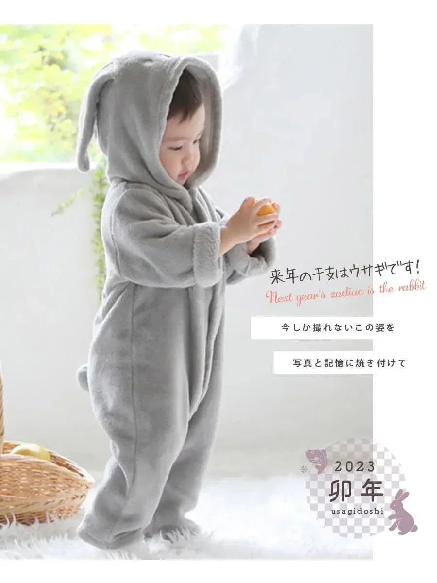 [現貨] 日本直送 Aenak 初生嬰兒 灰色兔仔造型長袖連身衣 (60-90cm) - BB Dressup