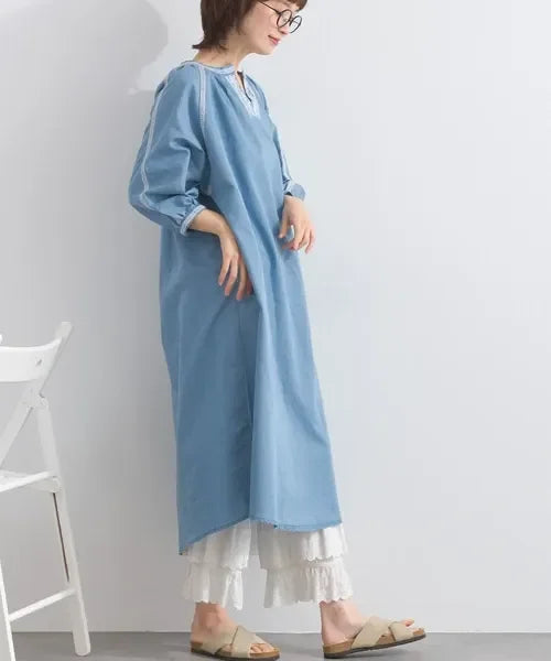 [現貨] 日本直送 En avant 成人淺藍蕾絲拼接 抓褶連身裙 - BB Dressup