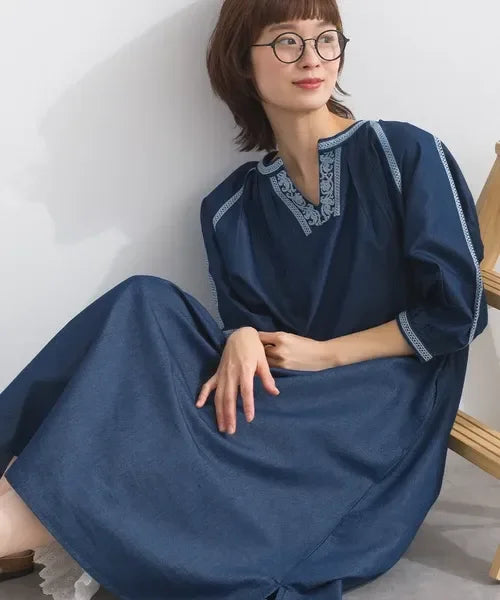[現貨] 日本直送 En avant 成人深藍蕾絲拼接 抓褶連身裙 - BB Dressup