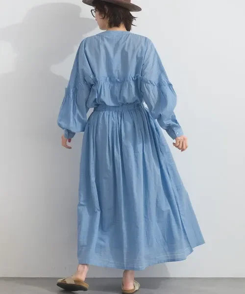 [現貨] 日本直送 En avant 成人粉藍色印度棉條紋提花拼接抓皺長裙 - BB Dressup