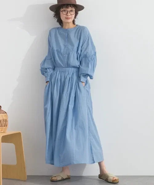 [現貨] 日本直送 En avant 成人粉藍色印度棉條紋提花拼接抓皺長裙 - BB Dressup