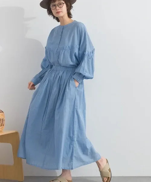 [現貨] 日本直送 En avant 成人粉藍色印度棉條紋提花拼接抓皺長裙 - BB Dressup