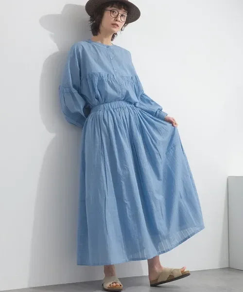 [現貨] 日本直送 En avant 成人粉藍色印度棉條紋提花拼接抓皺長裙 - BB Dressup