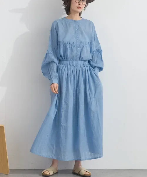 [現貨] 日本直送 En avant 成人粉藍色印度棉條紋提花拼接抓皺長裙 - BB Dressup