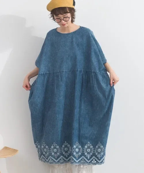 [現貨] 日本直送 En avant 成人深藍布鏤空刺繡波浪裙擺連身裙 - BB Dressup