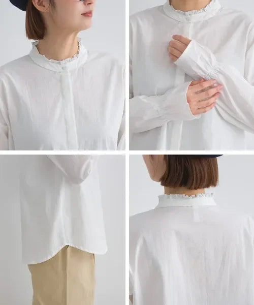 [現貨] 日本直送 En avant 成人白色荷葉邊領褶皺棉布襯衫 - BB Dressup