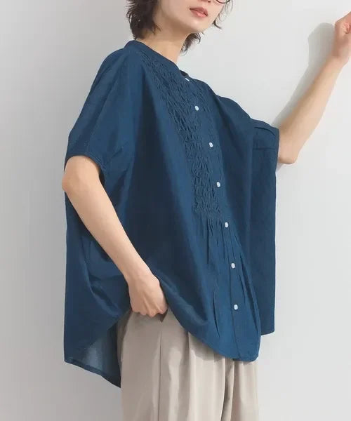[現貨] 日本直送 En avant 成人深藍色印度棉5.5oz牛仔布褶飾刺繡繭型上衣 - BB Dressup
