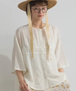 [現貨] 日本直送 En avant 成人米色透膚提花方格蕾絲寬袖上衣 - BB Dressup