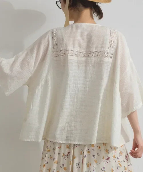 [現貨] 日本直送 En avant 成人米色透膚提花方格蕾絲寬袖上衣 - BB Dressup