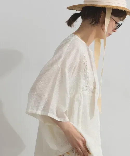[現貨] 日本直送 En avant 成人米色透膚提花方格蕾絲寬袖上衣 - BB Dressup