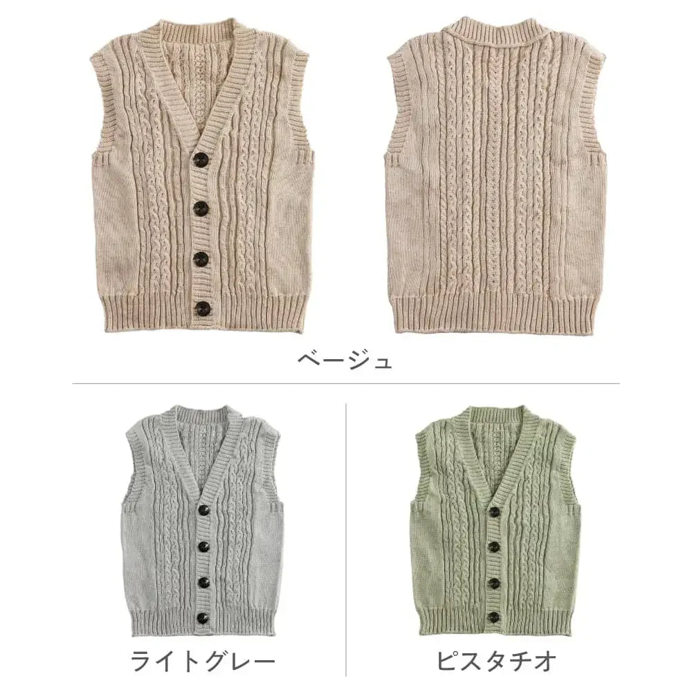 [現貨] 日本製 itofumi 粉綠100%有機棉粗針織嬰兒背心外套 (80cm) - BB Dressup