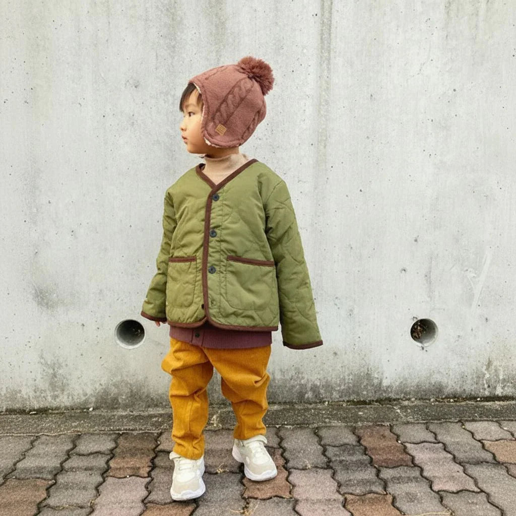 [現貨] 日本直送丸高衣料 童裝卡其綠無領夾棉外套 (100-130cm) - BB Dressup
