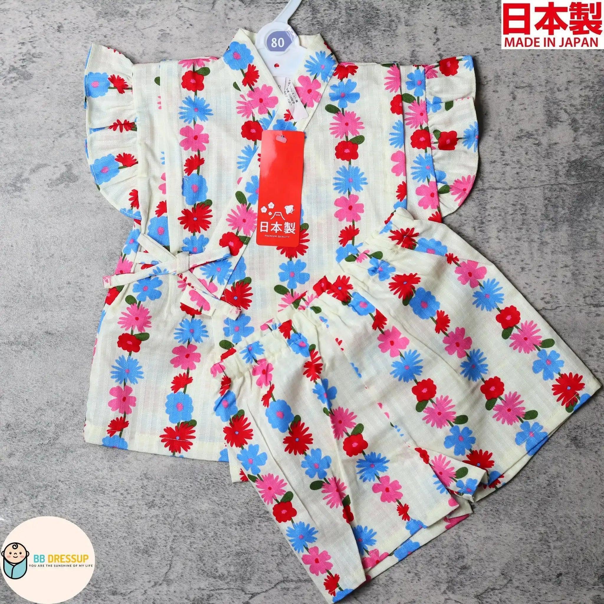 [現貨] 日本製 Mam 嬰兒淺黃色小花荷葉袖日本和服甚平BB衫套裝 - BB Dressup
