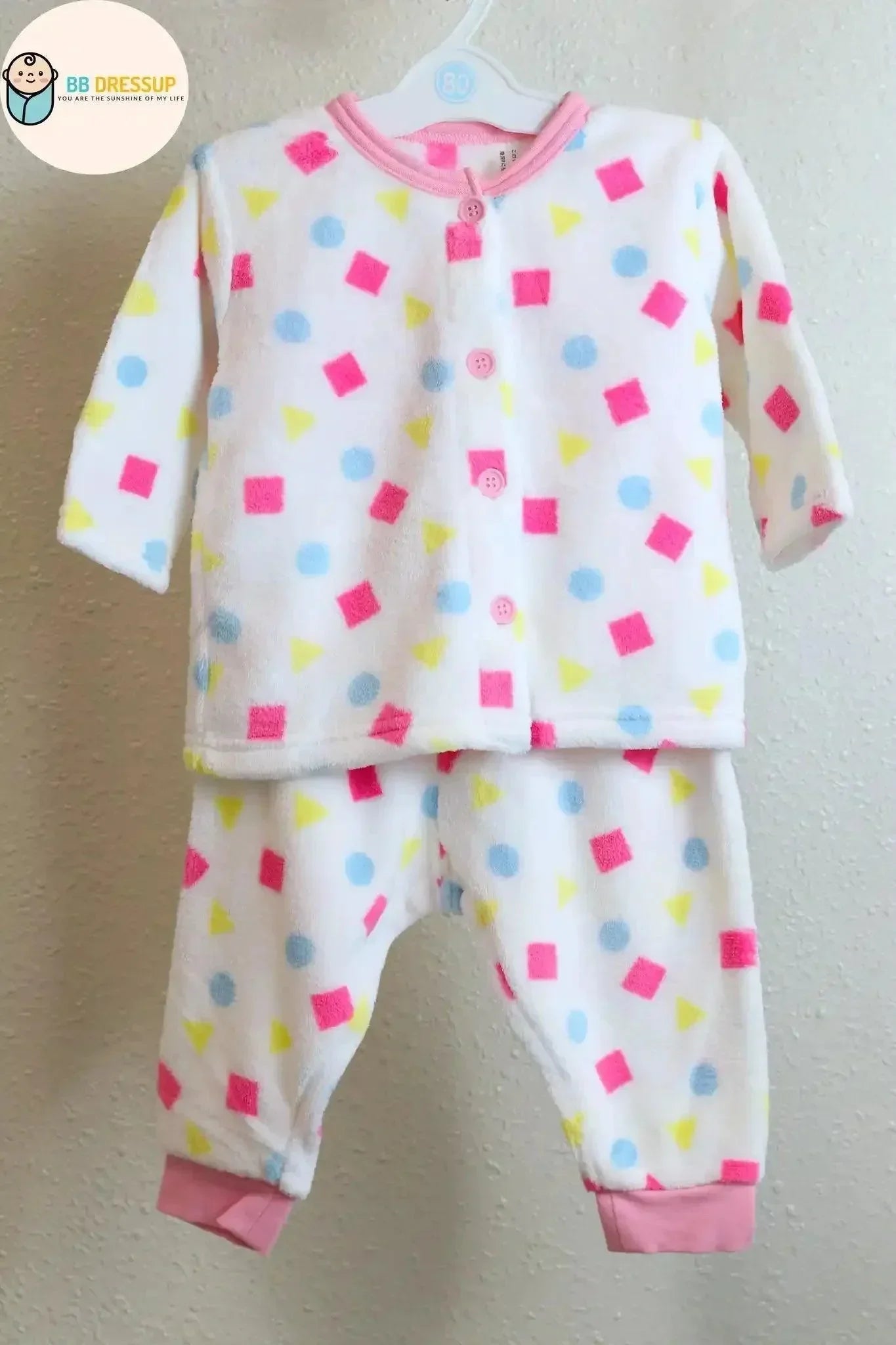 [現貨] 日本直送 Mam 嬰兒粉紅色幾何圖案暖肚睡衣套裝/居家服 (80-100cm) - BB Dressup