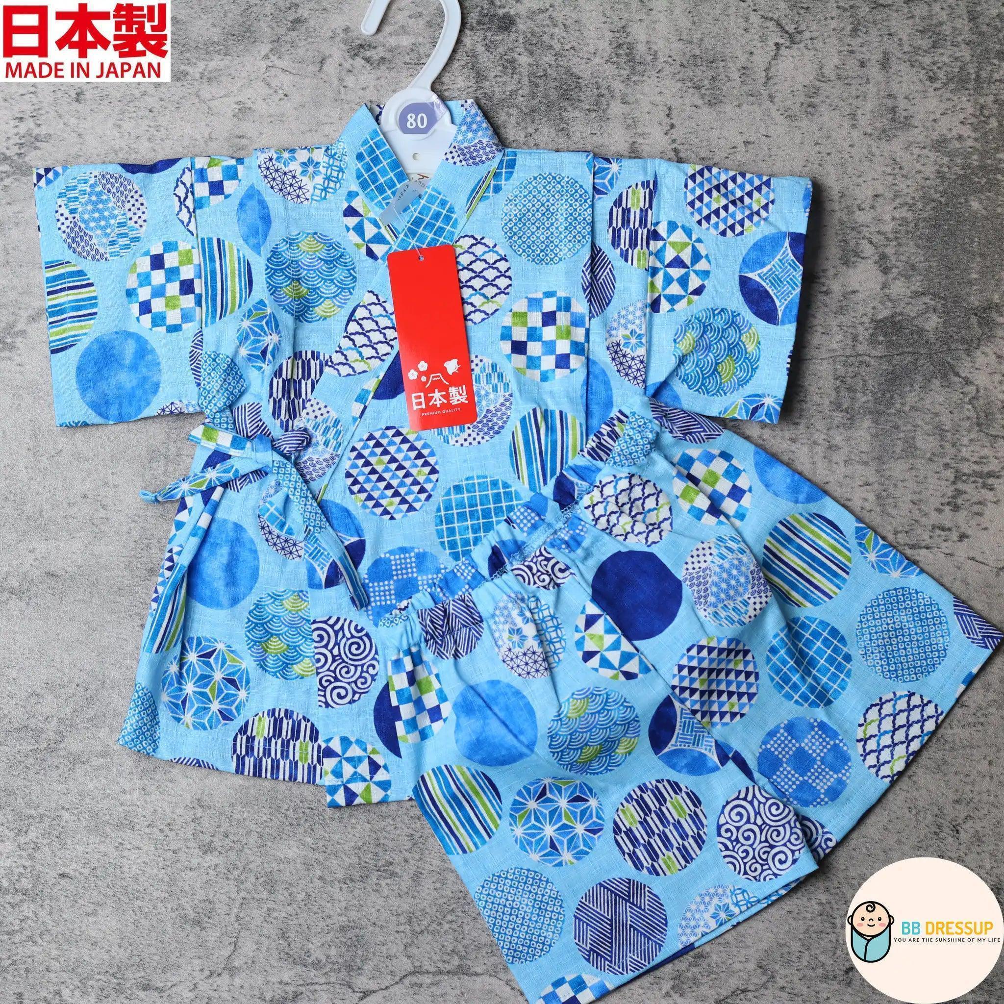 [現貨] 日本製 Mam 嬰兒淺藍色圓形傳統圖案日本和服甚平BB衫套裝 (80-90cm) - BB Dressup