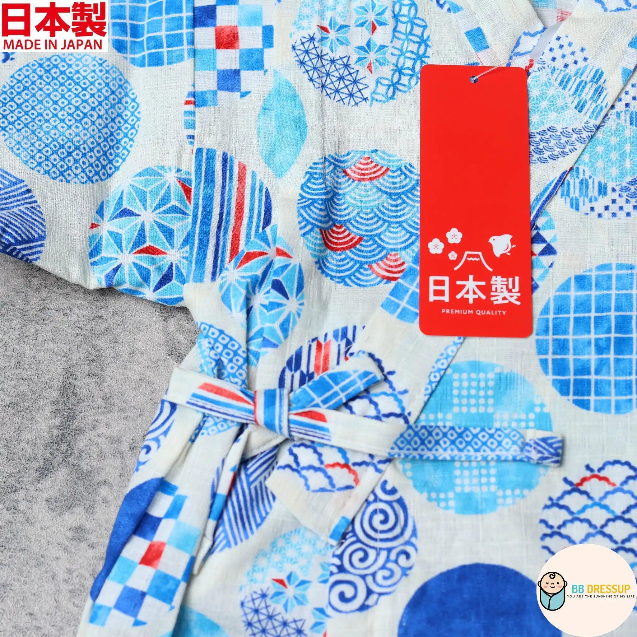 [現貨] 日本製 Mam 嬰兒白色圓形傳統圖案日本和服甚平BB衫套裝 (80-90cm) - BB Dressup