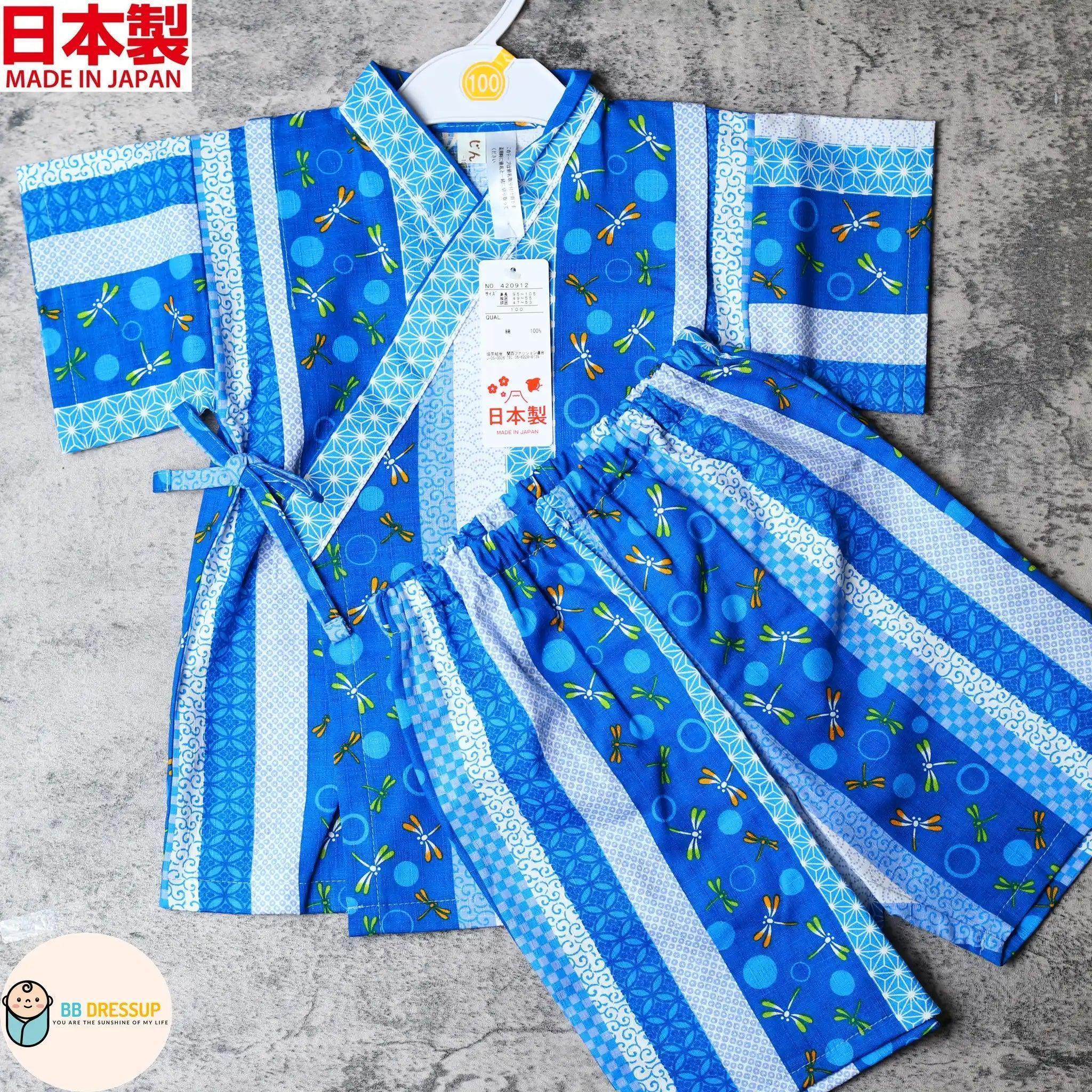 [現貨] 日本製 Mam 嬰兒藍色紬布蜻蜓和服甚平BB衫套裝 - BB Dressup