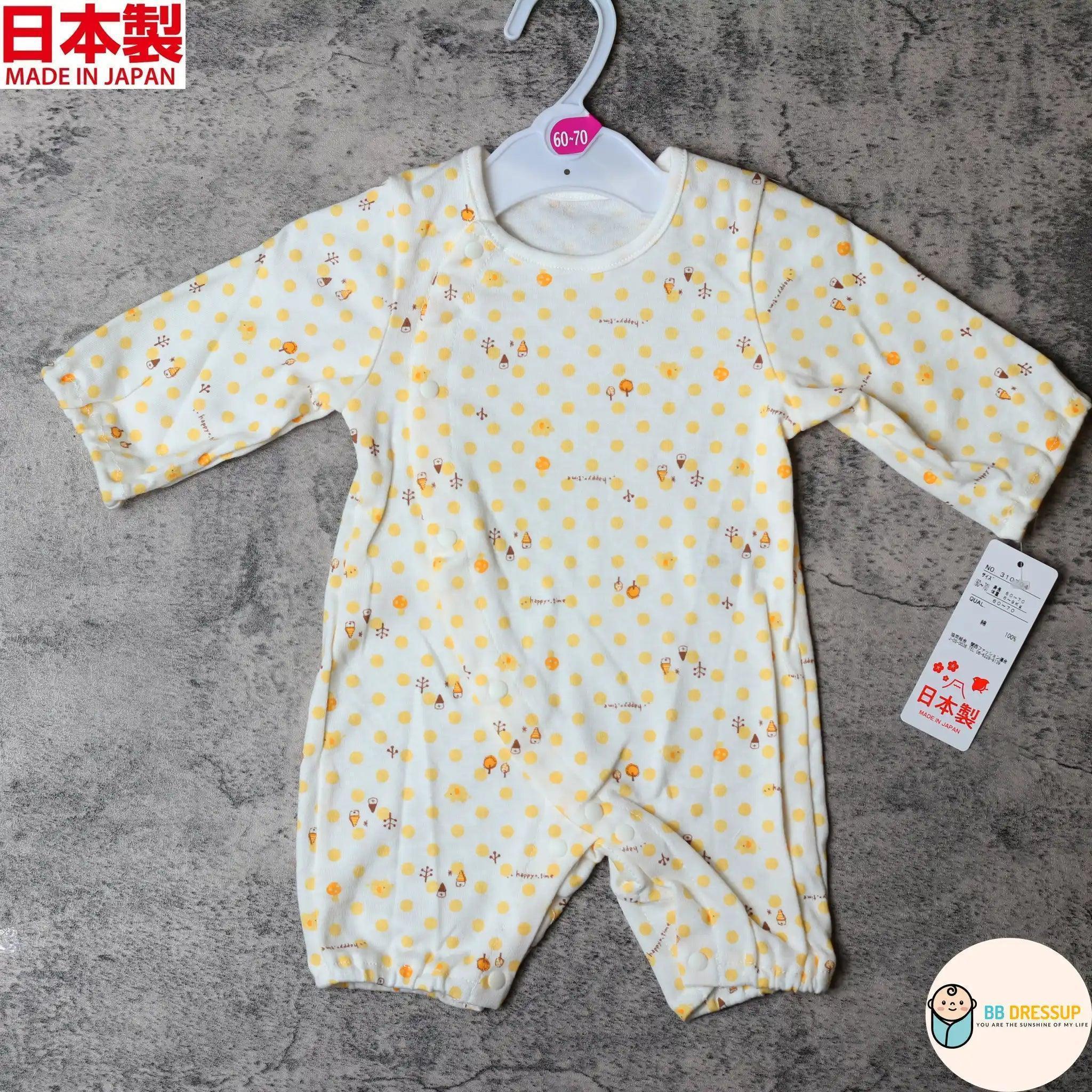 [現貨] 日本製 Mam 100%全棉黃色圓點嬰兒連身睡衣/居家服 (50-70cm) - BB Dressup