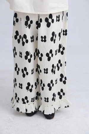 [現貨] 日本直送 Migaro 女童全棉白色印花荷葉邊寬長褲 (110cm) - BB Dressup