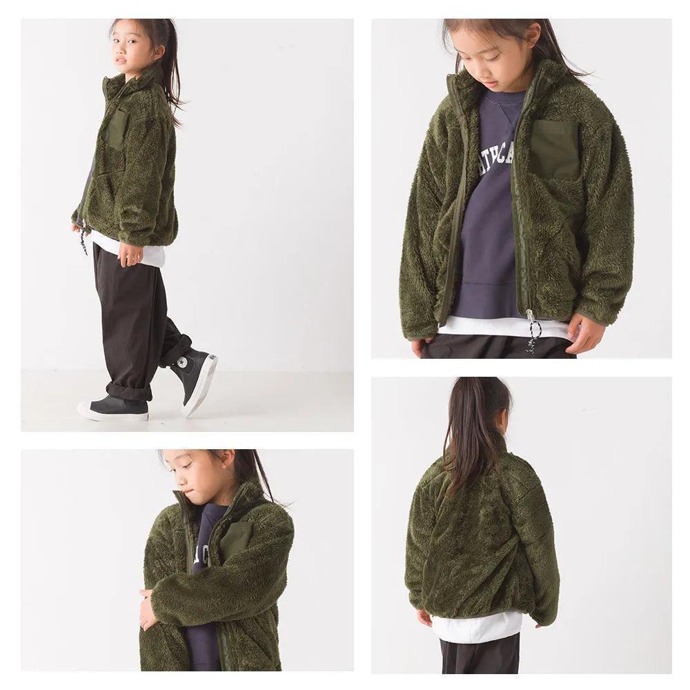 [現貨] 日本直送 OMNES 女童裝 卡其綠長袖高領抓絨外套 (100-130cm) - BB Dressup