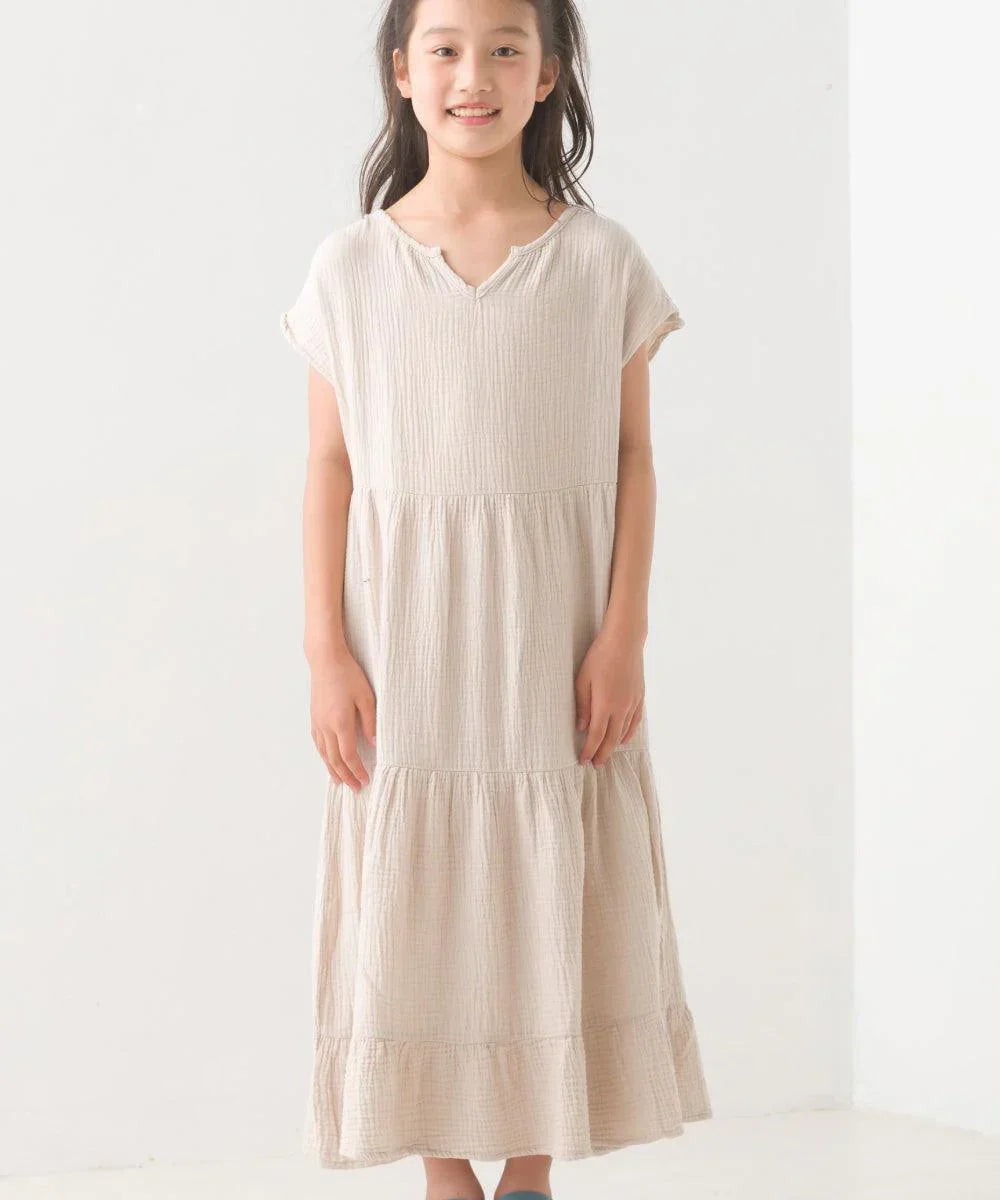 [現貨] 日本直送 OMNES 女童裝 米色雙層薄紗法式袖束腰連身裙 - BB Dressup