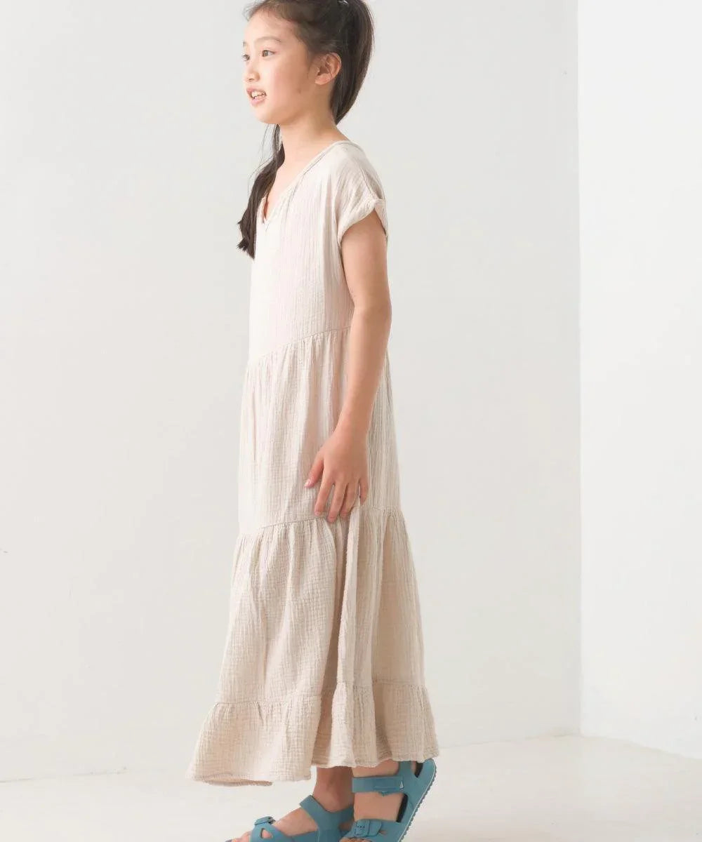 [現貨] 日本直送 OMNES 女童裝 米色雙層薄紗法式袖束腰連身裙 - BB Dressup